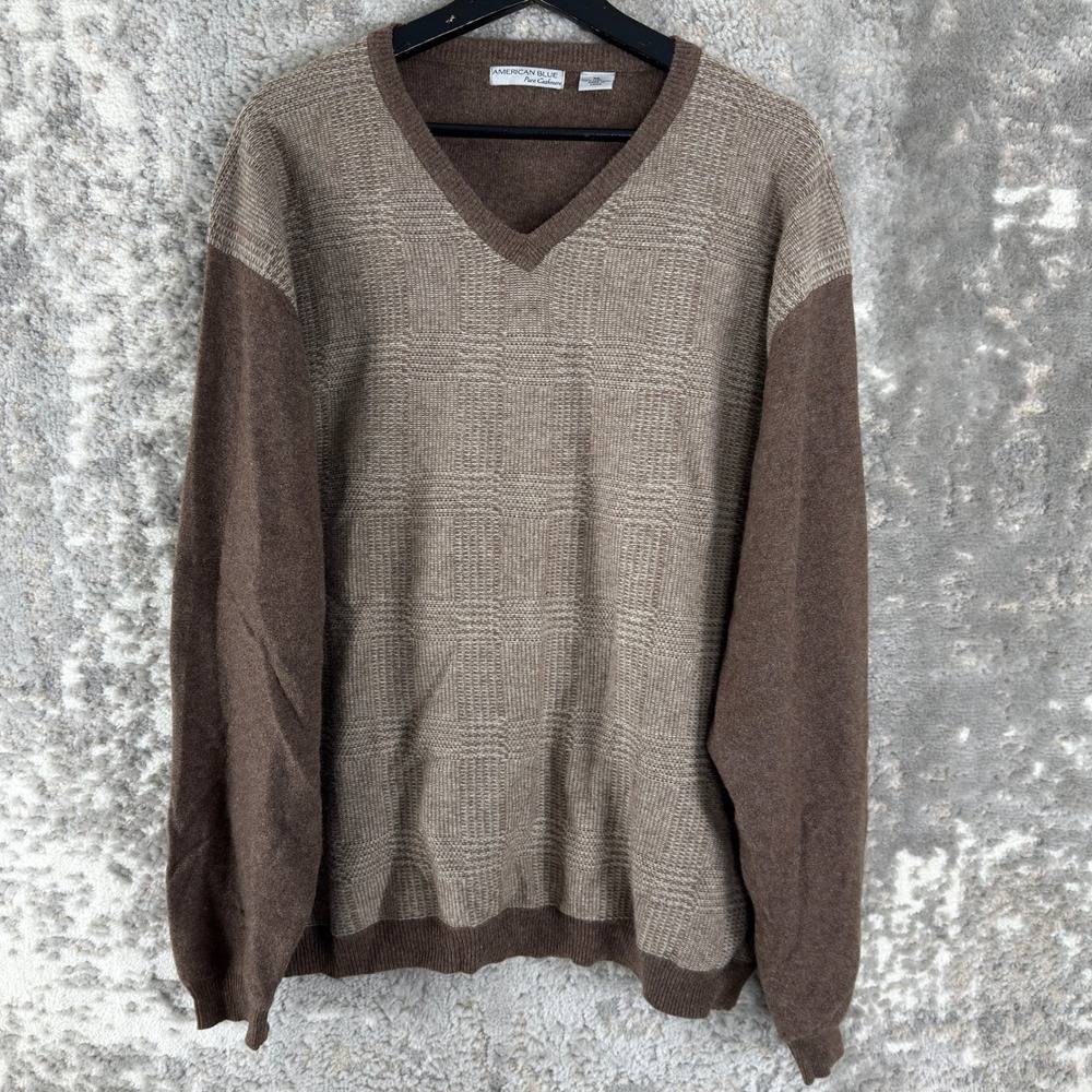 American Blue Sz XL Pure Cashmere V-Neck Luxury Pullover Sweater Brown Long Men